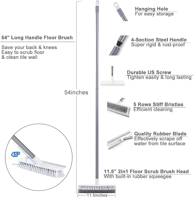 Floor Scrub Brush with Long Handle 54''- Stiff Bristle 2 in 1 Shower Scrubber - Image 4