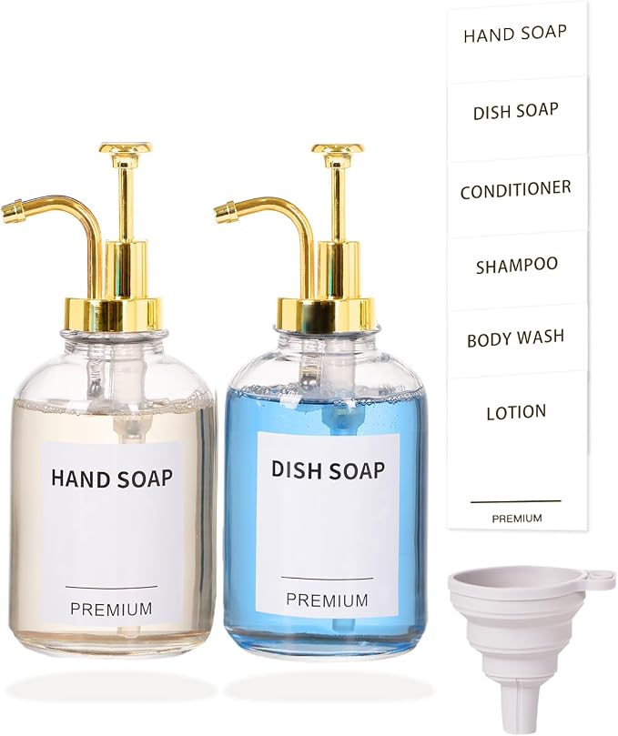 12oz Dish Soap Dispenser for Kitchen, Hand Glass Soap Dispenser Set by Hoousuper