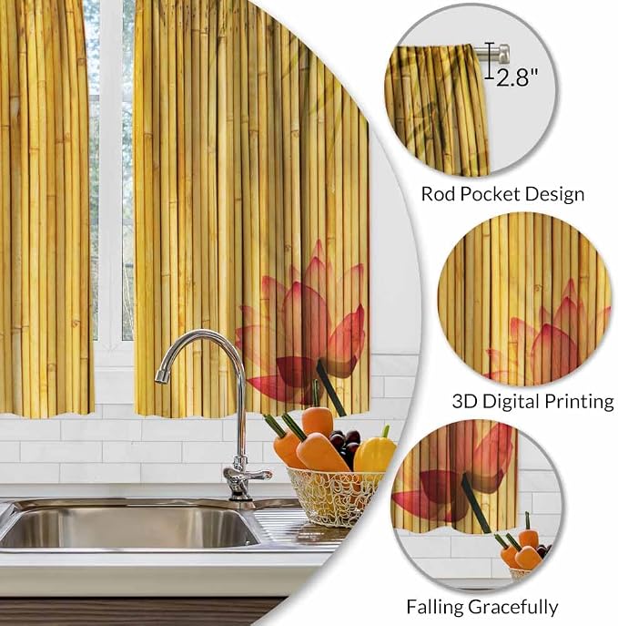 Bamboo Kitchen Curtains Pink Lotus Twigs Tree Branch Chinese Leaves Plants - Image 3