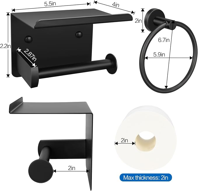 1pcs Toilet Paper Holder with Shelf and 1pcs Towel Ring Set, Matte Black - Image 6