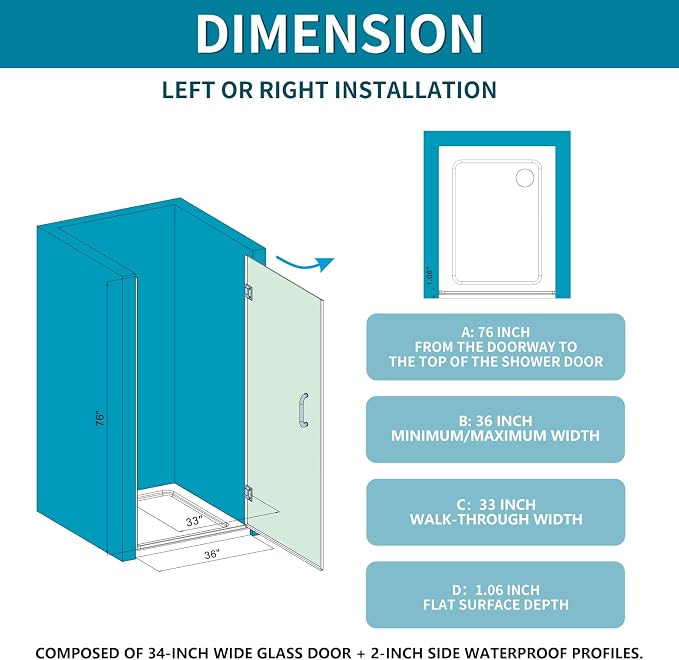 Framelss Hinged Shower Door, 3/8" Tempered Glass - Image 4