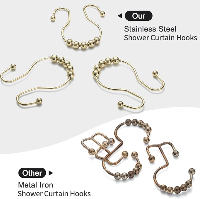 Goowin Shower Curtain Hooks, Stainless Steel Gold Shower Curtain Hooks - Image 2