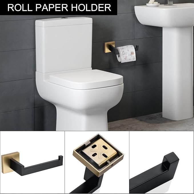 TNOMS 5 Pieces Bathroom Hardware Accessories Set Black and Gold Towel Bar Set - Image 4