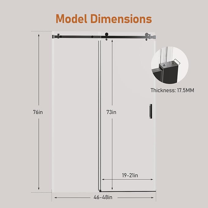 46-48 Inch Frameless Sliding Shower Door, 5/16" Clear Tempered Glass, Smooth - Image 2