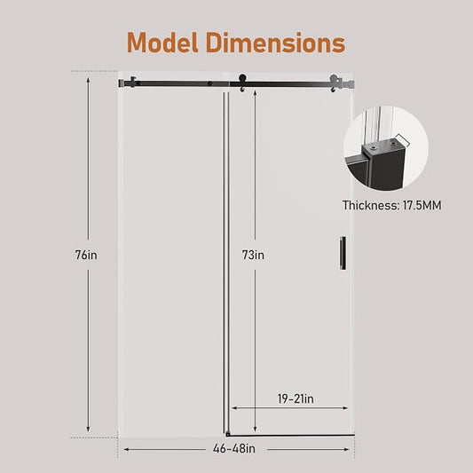 46-48 Inch Frameless Sliding Shower Door, 5/16" Clear Tempered Glass, Smooth - Image 2