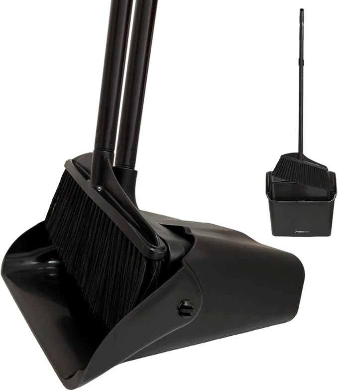 Broom and Dustpan Set with Long Handle and Wheels, Upright Standing Heavy Duty by PrimeroBasics