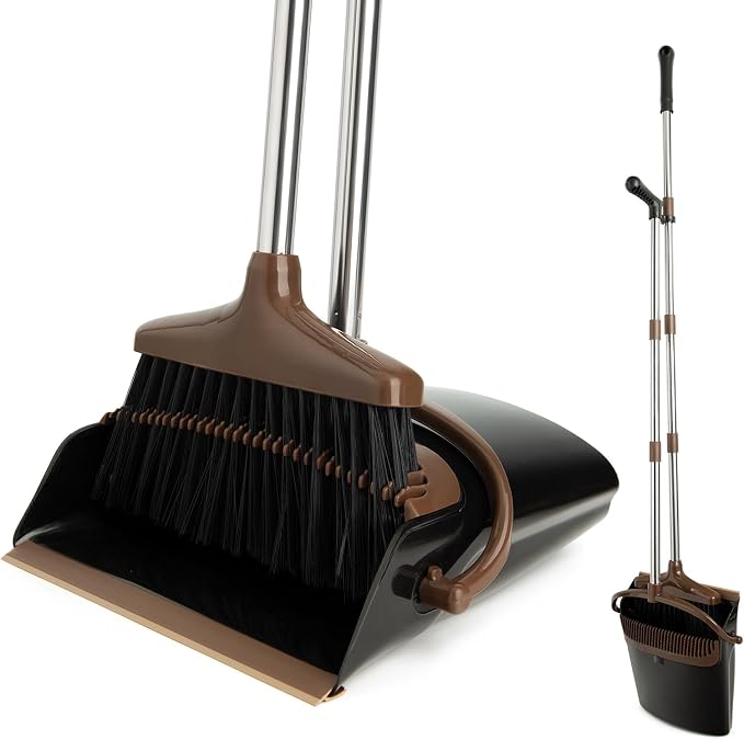 Broom and Dustpan Set with Long Handle, Light Weight Stainless Steel Poles by XXFLOWER