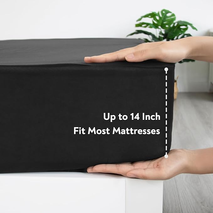 Twin XL Fitted Sheet, Soft & Cozy Twin XL Bed Sheets for College Dorm Room Essentials with Deep Pocket 14", Cooling Jersey Extra Long Twin Mattress Bottom Sheets, Shrinkage & Stain Resistant, Black