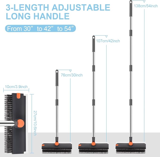 Floor Scrub V Brush with Long Handle 4 in 1 Silicone Scrape and Stiff Bristle - Image 2