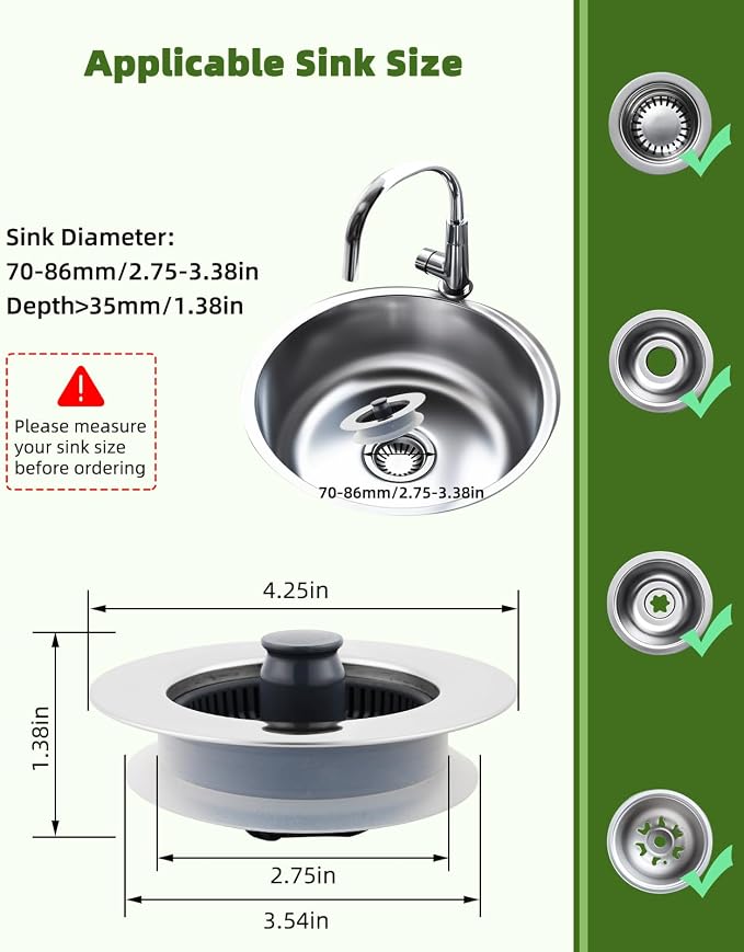 Universal Kitchen Sink Strainer Stopper Combo, 3 in 1 Pop Up Kitchen Sink - Image 5