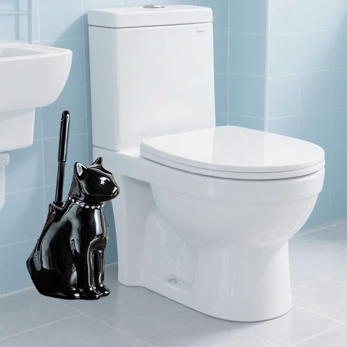Comeon Ceramic Cat White/Black Toilet Brush and Holder Set, Plastic Handled - Image 2