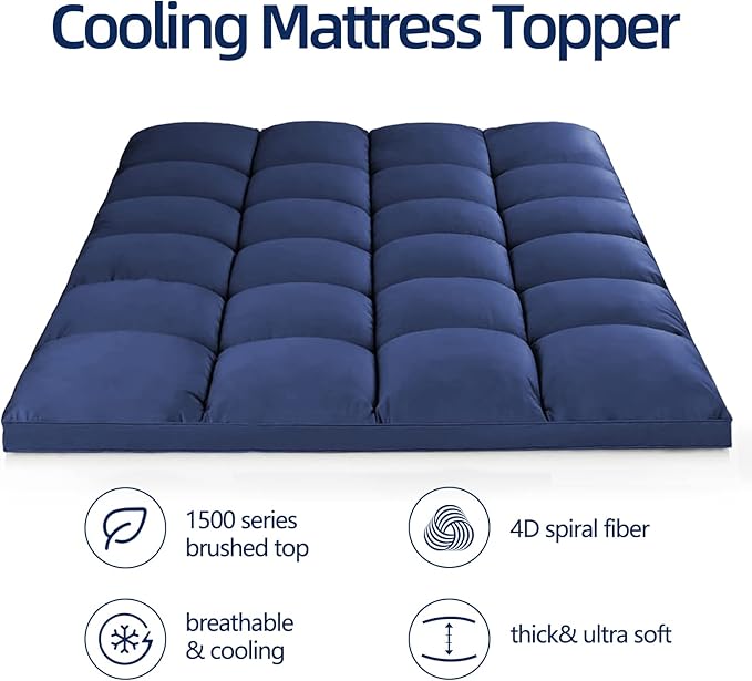 Mattress Topper California King for Back Pain, Extra Thick Mattress Pad Cover, Plush Pillow Top, Deep Elastic Pocket, Navy