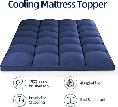 Mattress Topper California King for Back Pain, Extra Thick Mattress Pad Cover, Plush Pillow Top, Deep Elastic Pocket, Navy