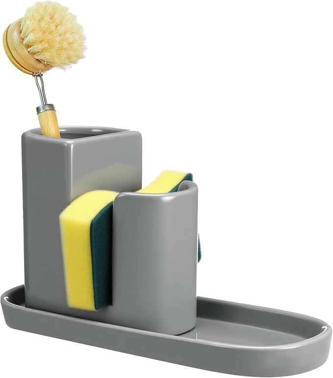 Geelin 3 in 1 Ceramic Kitchen Sink Caddy Dish Sponge Holder Scrub Brush Holder by Geelin