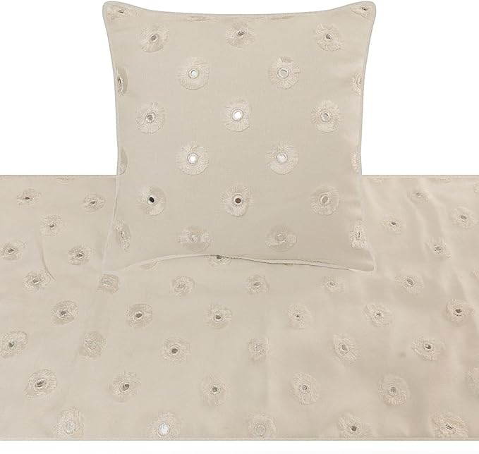 The HomeCentric King Queen Twin White Decorative Twin 53"x18" Bed Runner with 2 Pillow Cover, Mirror Embroidery Bed Scarf on Cotton Fabric - Mirror Lover