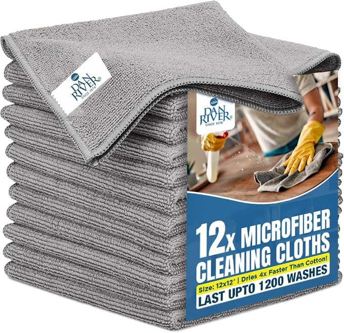 DAN RIVER 12-Pack Gray Microfiber Towels – Ultra Absorbent, Lint-Free & by DanRiver