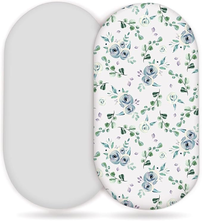Stretchy Ultra Soft Fitted Bassinet Sheet Set 2 Pack, Universal Cradle Sheet Set for Rectangle, Oval, or Hourglass Bassinet Pad/Mattress, Blue Rose for Girls and Boys