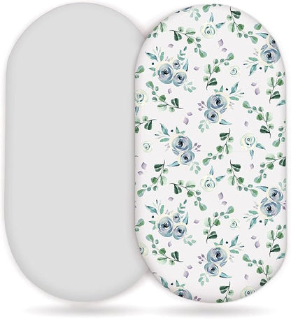 Stretchy Ultra Soft Fitted Bassinet Sheet Set 2 Pack, Universal Cradle Sheet Set for Rectangle, Oval, or Hourglass Bassinet Pad/Mattress, Blue Rose for Girls and Boys
