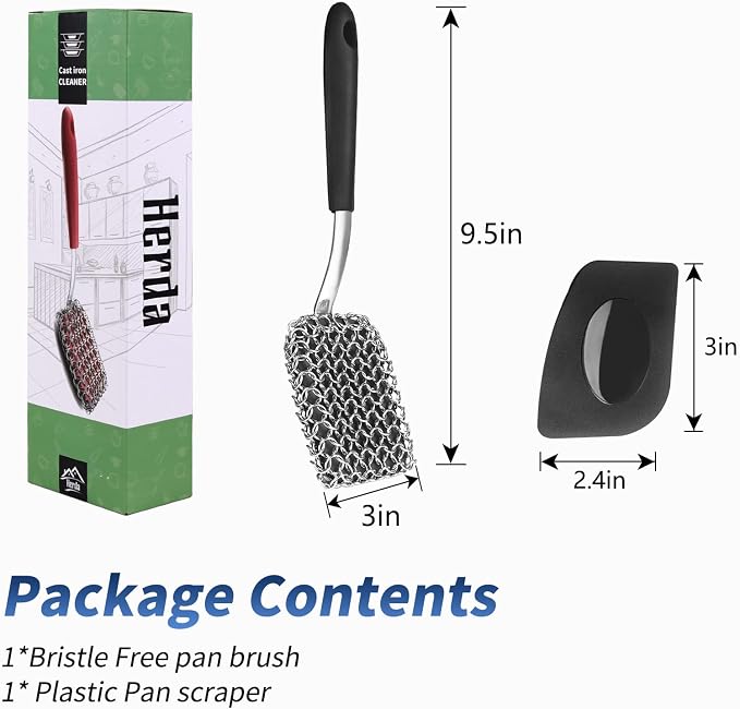 Cast Iron Scrubber Brush with Handle Cast Iron Cleaner Chainmail Scrubber + Pan - Image 6