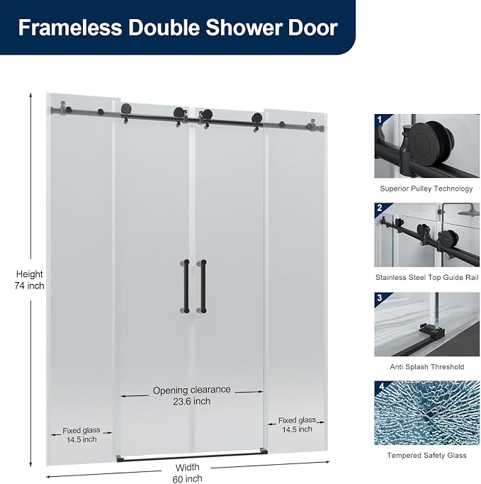 Double Sliding Shower Door 60" W x 74" H, Frameless Shower Enclosure 5/16" - Image 2