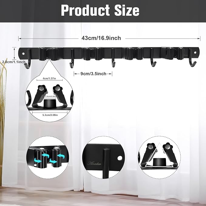 2 Pack Mop and Broom Holder Wall Mount 4 Racks and 5 Hooks Broom Organizer - Image 5