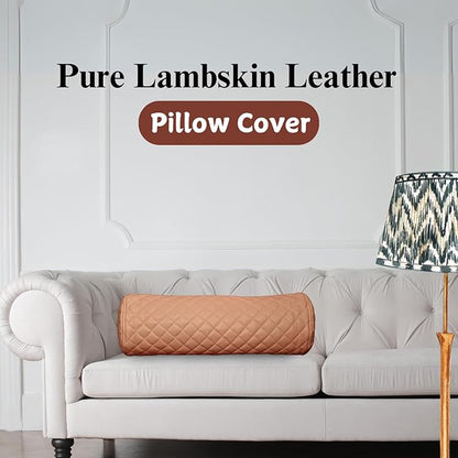 Neck Roll Pillow Cushion Cover, 16x7 Inch Full Moon Round Bolster Pillow Case, Cylinder Soft Lambskin Leather Pillowcase for Head, Spine & Neck Support During Sleep - Quilted Beige Pack of 2