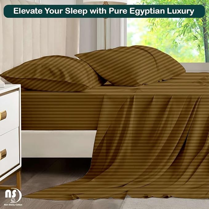 NON Sticky cotton Full Size Sleeper Sofa Sheets, 4 Piece Egyptian Cotton Bed Sheet Set for Sofa Bed, 8" Deep Pocket for Pull Out Couch Mattress, 54" x 75", Taupe Stripe, Soft & Breathable