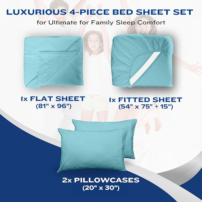 DREAMCARE Full Size Sheets Set - 4 Pcs Cooling Bed Sheets with Up to 15" Deep Pockets - Soft, Long-Lasting 100% Brushed Polyester with Side Pocket (Spa Blue)