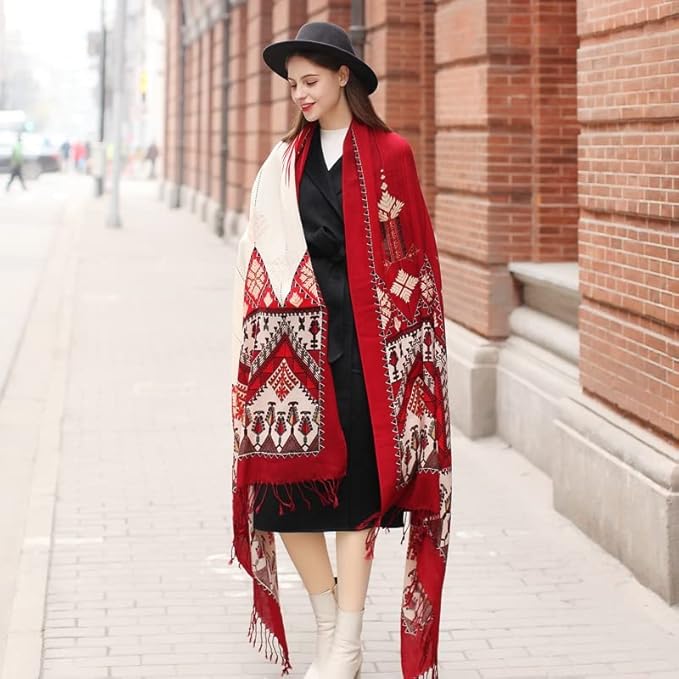 DANA XU 100% Merino Wool Pashmina Shawl for Women 96"x43", Oversized Cashmere Wrap with Tassels, Floral Travel Blanket Cape