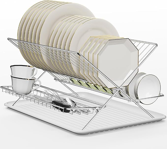 Dish Drying Rack with Drip Tray, 3 Tier Collapsible Stainless Steel Dish Drainer - Image 2