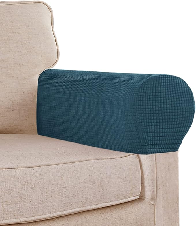 Stretch Sofa Arm Covers Spandex Jacquard Anti-Slip Couch Arm Covers with Sticker Furniture Armrest Protector for Sofa Couch Chair Recliner, Set of 2, Deep Teal