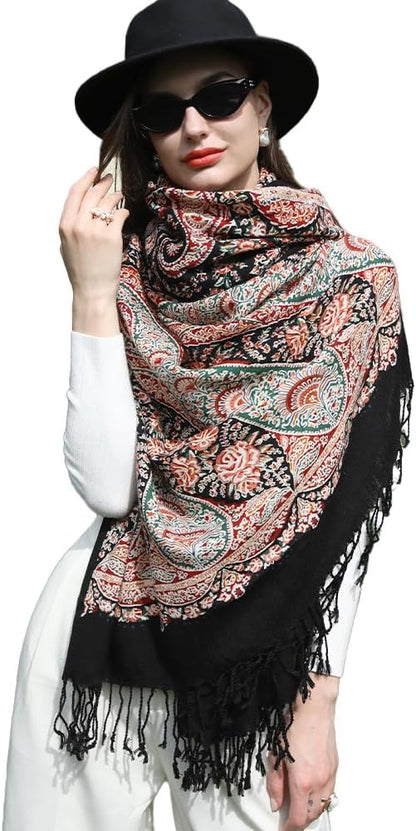 DANA XU 100% Merino Wool Extra Large Pashmina Blanket Travel Scarf Cashmere Wrap for Women Fall Winter Oversize Shawl Floral