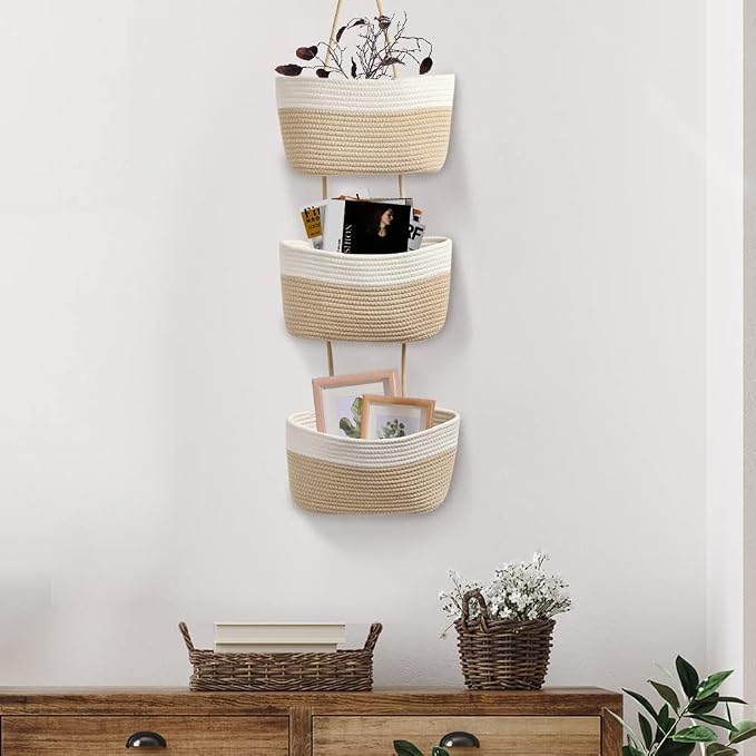TeoKJ Over the Door Hanging Basket, 3-Tier Woven Cotton Wall-Mounted Storage - Image 7