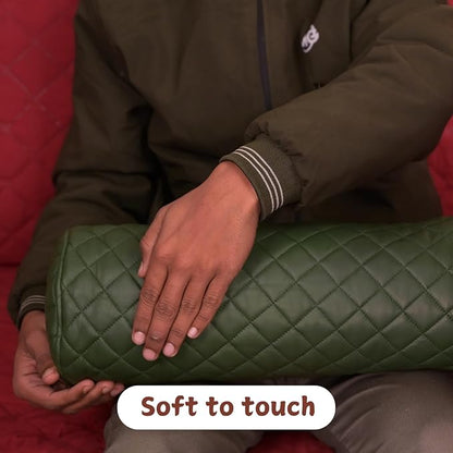 Neck Roll Pillow Cushion Cover, 20x7 Inch Full Moon Round Bolster Pillow Case, Cylinder Soft Lambskin Leather Pillowcase for Head, Spine & Neck Support During Sleep - Quilted Dark Green Pack of 2