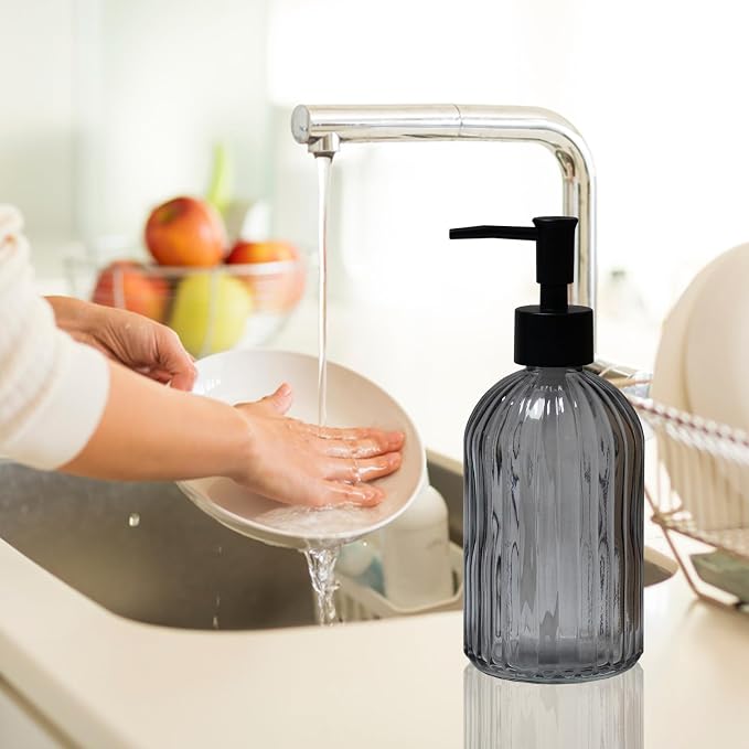 Grey Glass Soap Dispenser with Black Plastic Pump, 13.5oz Refillable Liquid - Image 6