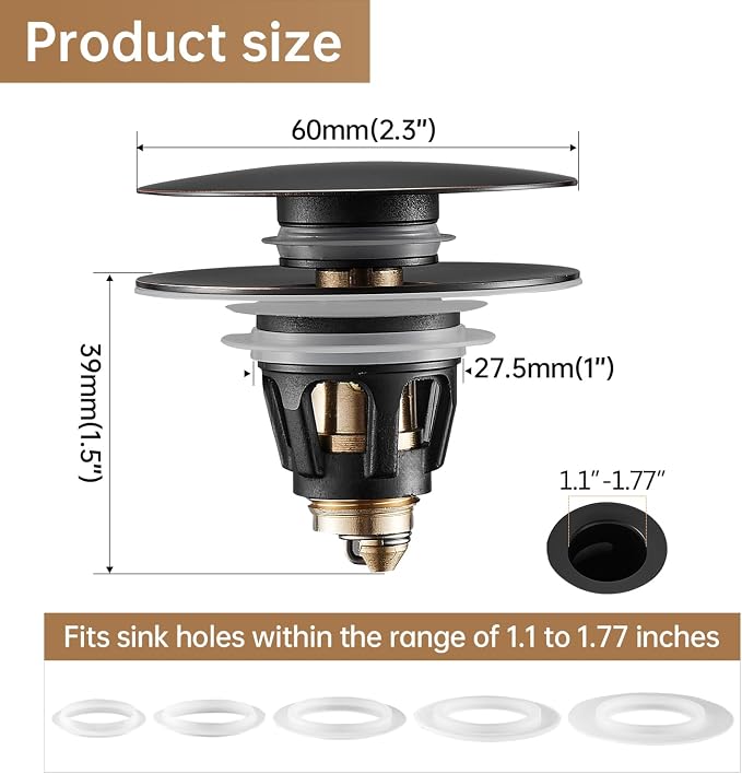 Fransiton Bathroom Sink Drain Stopper, Big-Cap Pop-up Drain Fits 1.1" -1.77" - Image 3