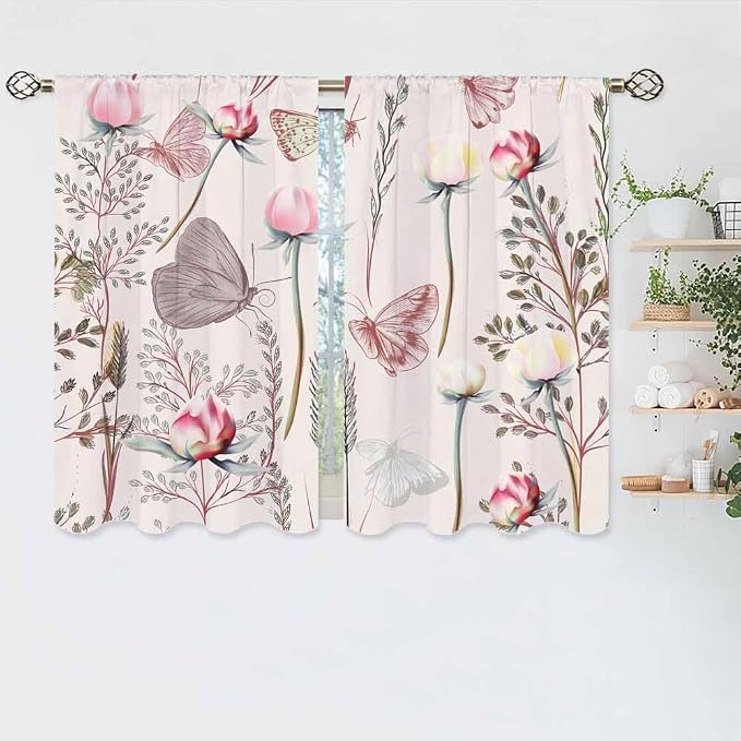 Pink Floral Kitchen Curtains Pretty Elegant Peony Rose Lovely Butterfly Short - Image 5