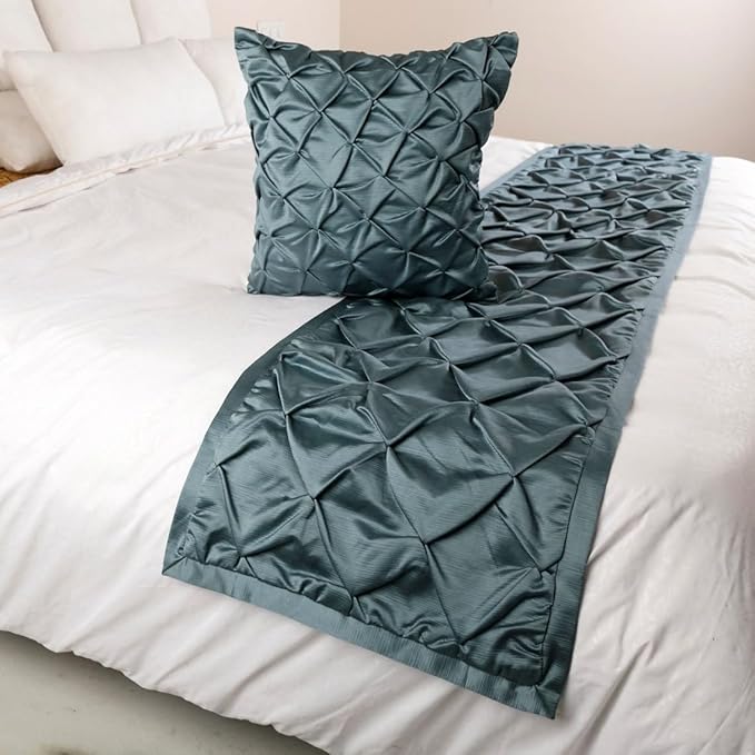 The HomeCentric Luxury Blue King 90 x 18 inch Bed Runner Without Pillow Cover, Satin Pintucks Bed Scarf, Solid Color Modern - Satin Nights