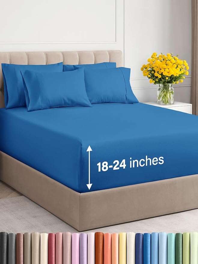Extra Deep Cal King Sheet Set - 6 Piece Breathable and Cooling Sheets - Hotel Luxury Bed Sheets Set - Easy Fit - Soft, Wrinkle Free and Comfy Sheets Set - Royal Blue Sheet Set with Extra Deep Pockets