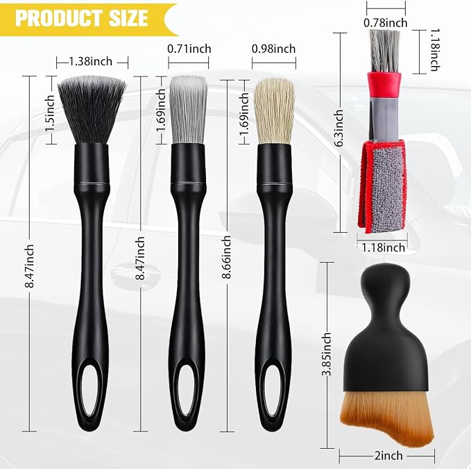 6PCS Car Detailing Brush Kit, Including 3 Ultra Soft No Scratch Boar Hair & 3 - Image 2