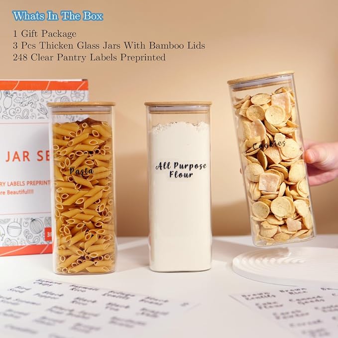 3 Pcs Square Glass Pantry Storage Containers - 62oz Thicken Glass Food Storage - Image 3