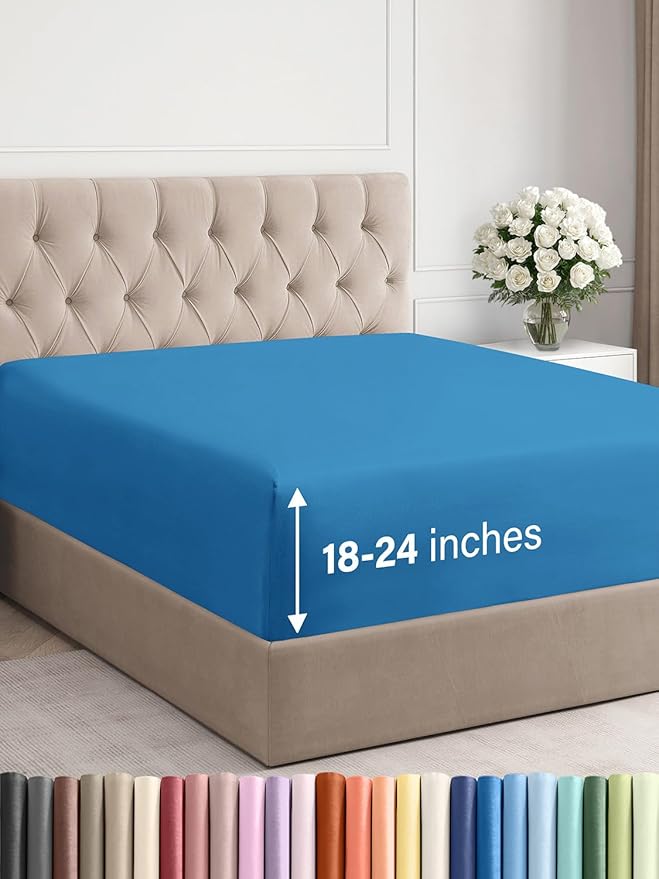 Extra Deep King Fitted Sheet - Hotel Luxury Single Fitted Sheet Only - Easily Fits 18 inch to 24 inch Mattress - Ultra Soft, Wrinkle & Fade Free w/Extra Deep Pockets - Breathable & Comfy - Denim Blue
