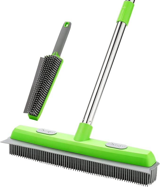 Rubber Broom with Squeegee for Carpet Pet Hair Remover, 57 inch Long Handled by Homilifibra