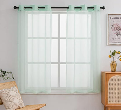 PI Short Sheer Curtains 45 inches Long with Ring Top,Cool Voile Sheer Window Curtain for Study/Farmhouse 2 Panels (W52XL45, Mint Green)