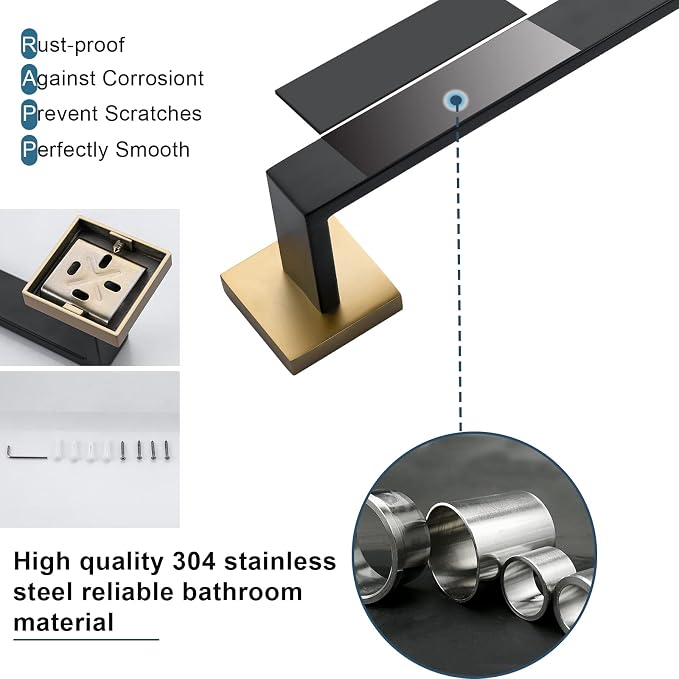 Bathroom Towel Bar Holder Sets Black and Gold 4-Piece Bathroom Hardware Set - Image 6