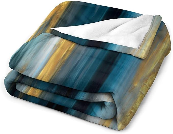 Fashion Gradient Blanket, Modern Abstract Art Gold Lake Blue Painting Strokes Pattern Soft Warm Cozy Plush Flannel Covers for Livingroom Bedroom Couch Chair Camping Travel Home Decor Tapestry 40x50in