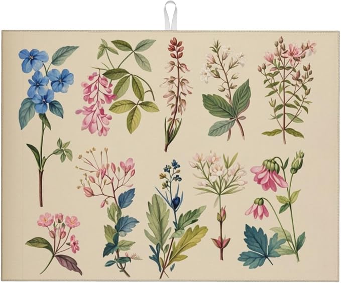 Vintage Plants Herbs Floral Dish Drying Mat Highly Absorbent Double-Sided by Ovitssrk