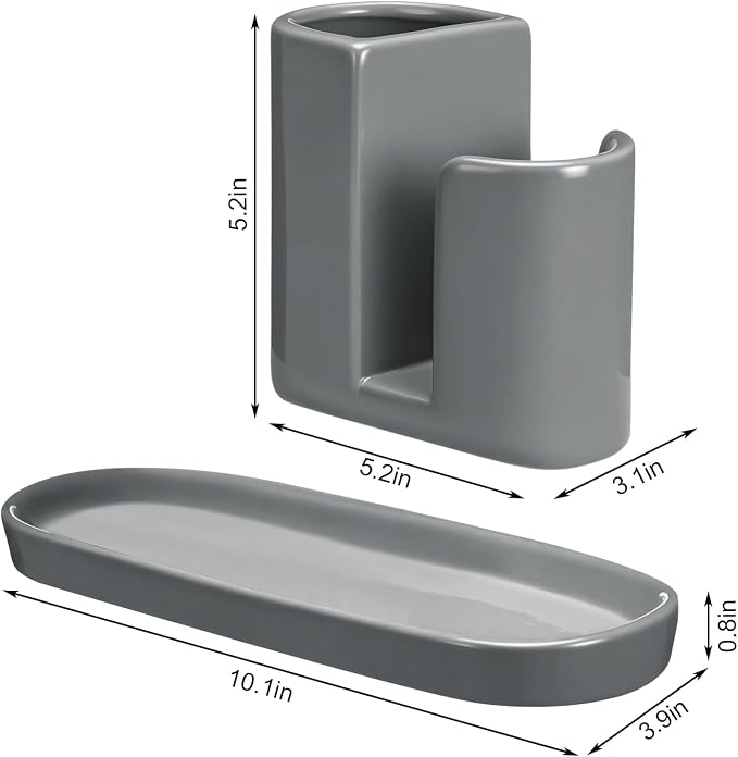 Geelin 3 in 1 Ceramic Kitchen Sink Caddy Dish Sponge Holder Scrub Brush Holder - Image 2