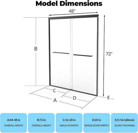 Sliding Shower Door, Adjustable 44"-48" W x 72" H - Image 2