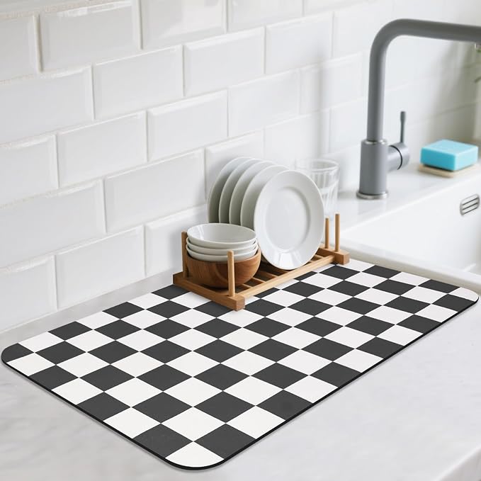 Checkered Dish Drying Mat for Kitchen Counter, Absorbent Non-Slip Coffee Mat by CooRug